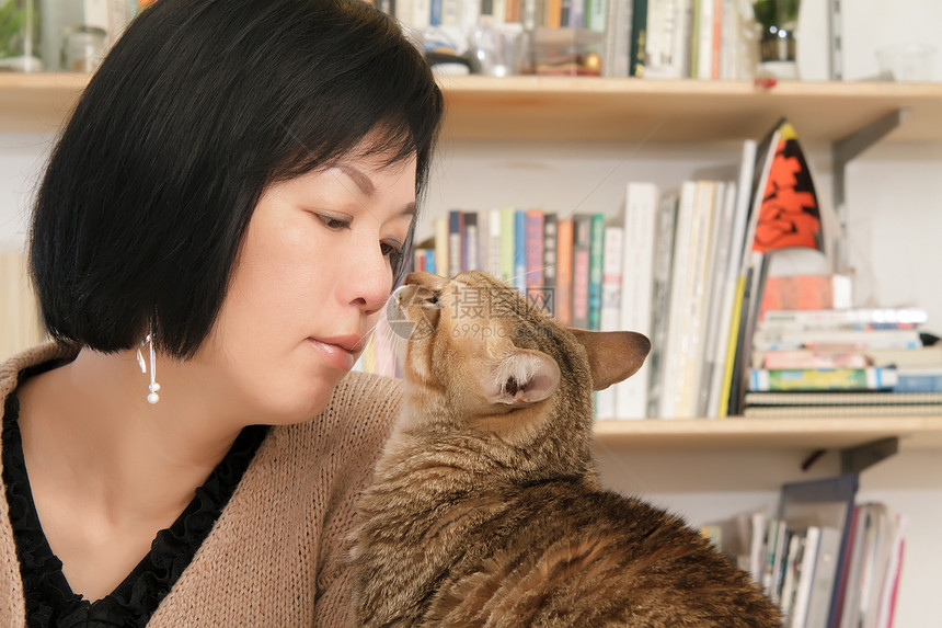 猫咪亲吻她的主人图片