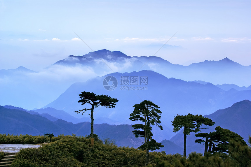 三青山的云雾     在中国江西拍电影岩石松树图片