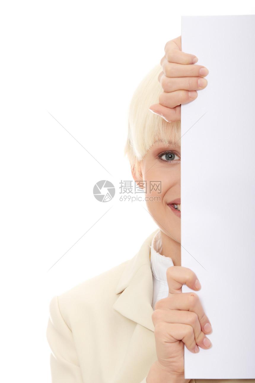 持有空白标志的妇女人士商业女性快乐展示商务卡片办公室女士海报图片