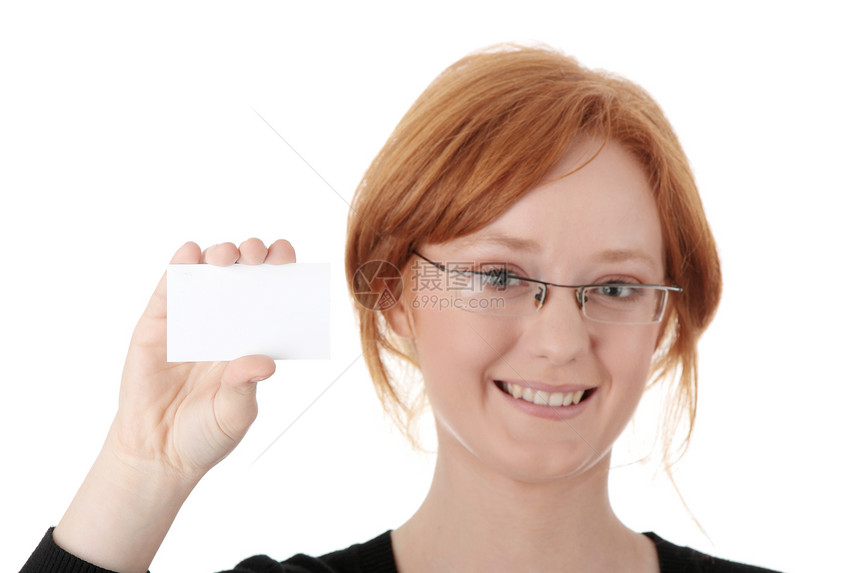 持有空白名片的红头妇女成功问候语成人工人女性商业手臂卡片推介会智力图片