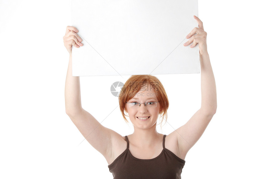 白板的年轻红发女青年成人广告牌海报人士推介会团队床单木板女士商业图片