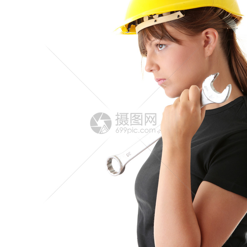 青年妇女建筑工工具女士工人机器木匠牛仔裤职业腰带承包商帽子图片