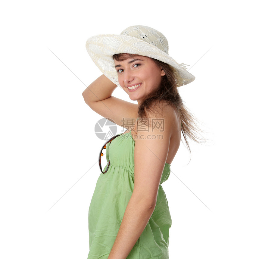 穿着大帽子的暑期少女女孩冒充青年女性帽子身体旅游福利棕褐色青少年太阳图片