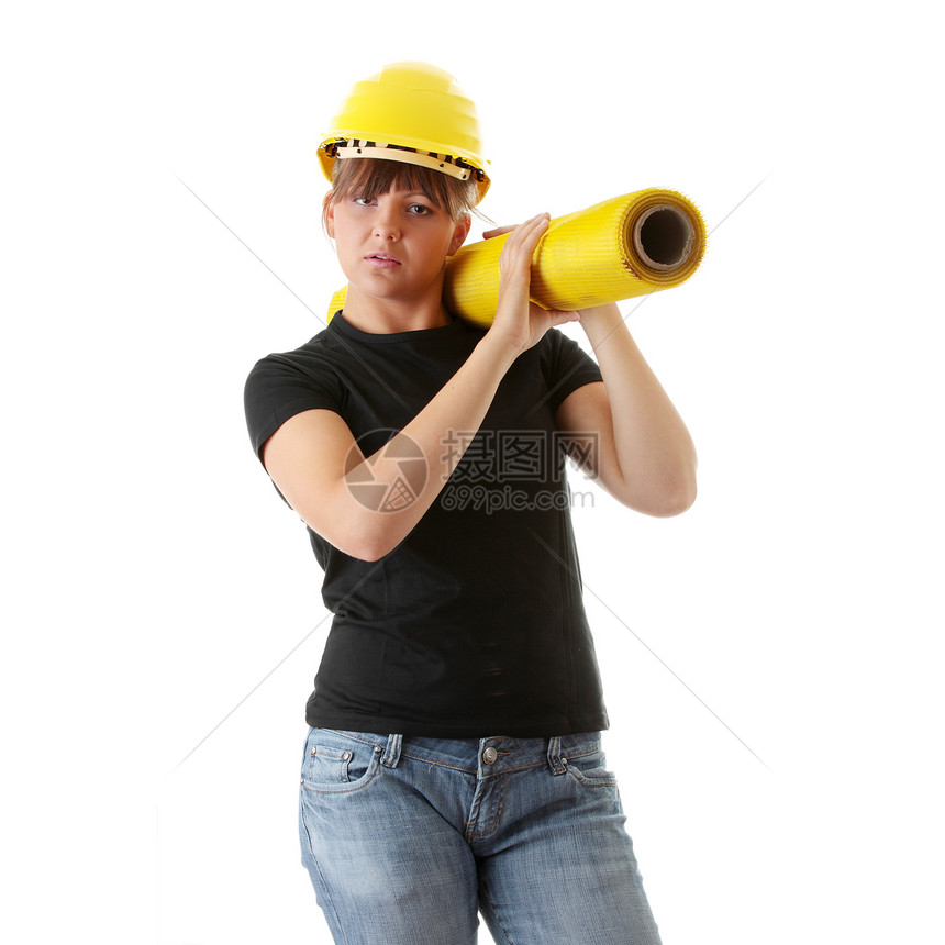 青年妇女建筑工安全维修建设者女孩建筑机器男人工具木匠牛仔裤图片