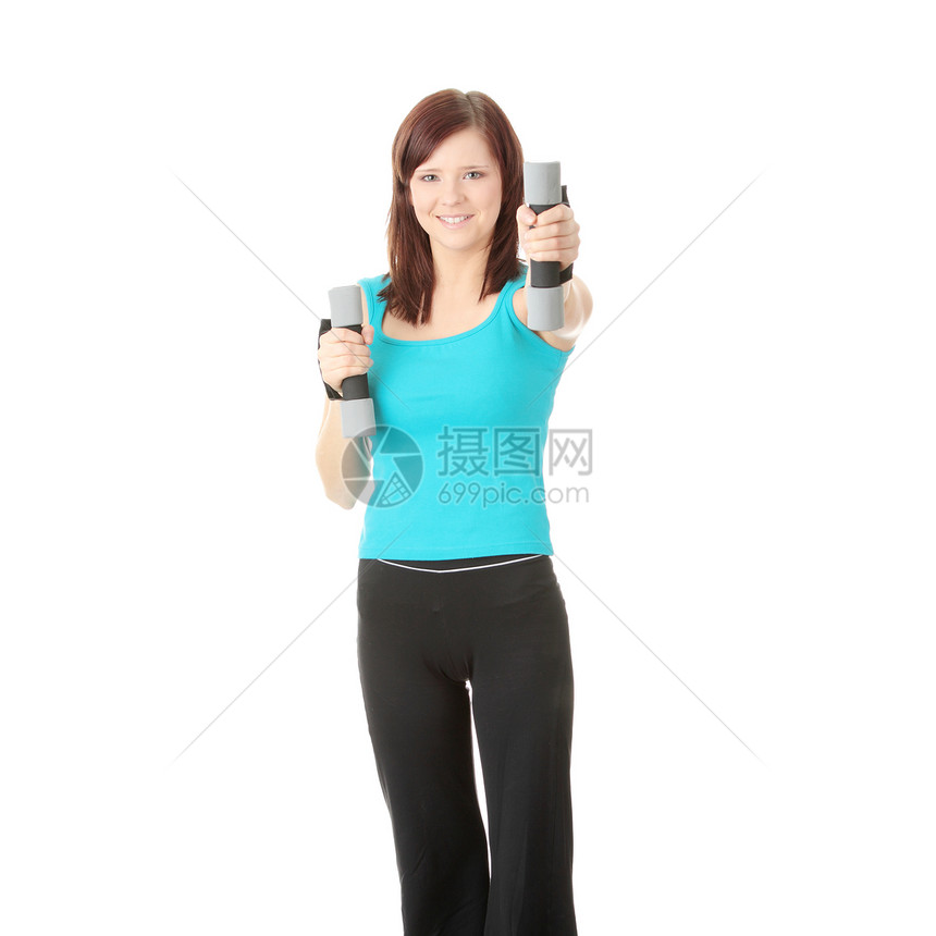 有哑铃的女孩蓝色运动重量女性有氧运动身体健身体操力量娱乐图片