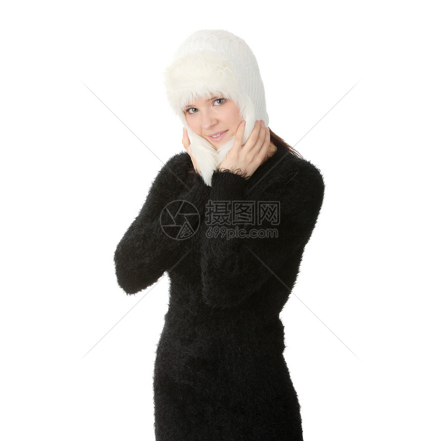 美丽的年轻女性肖像毛皮季节毛衣快乐喜悦青少年外套青年微笑帽子图片