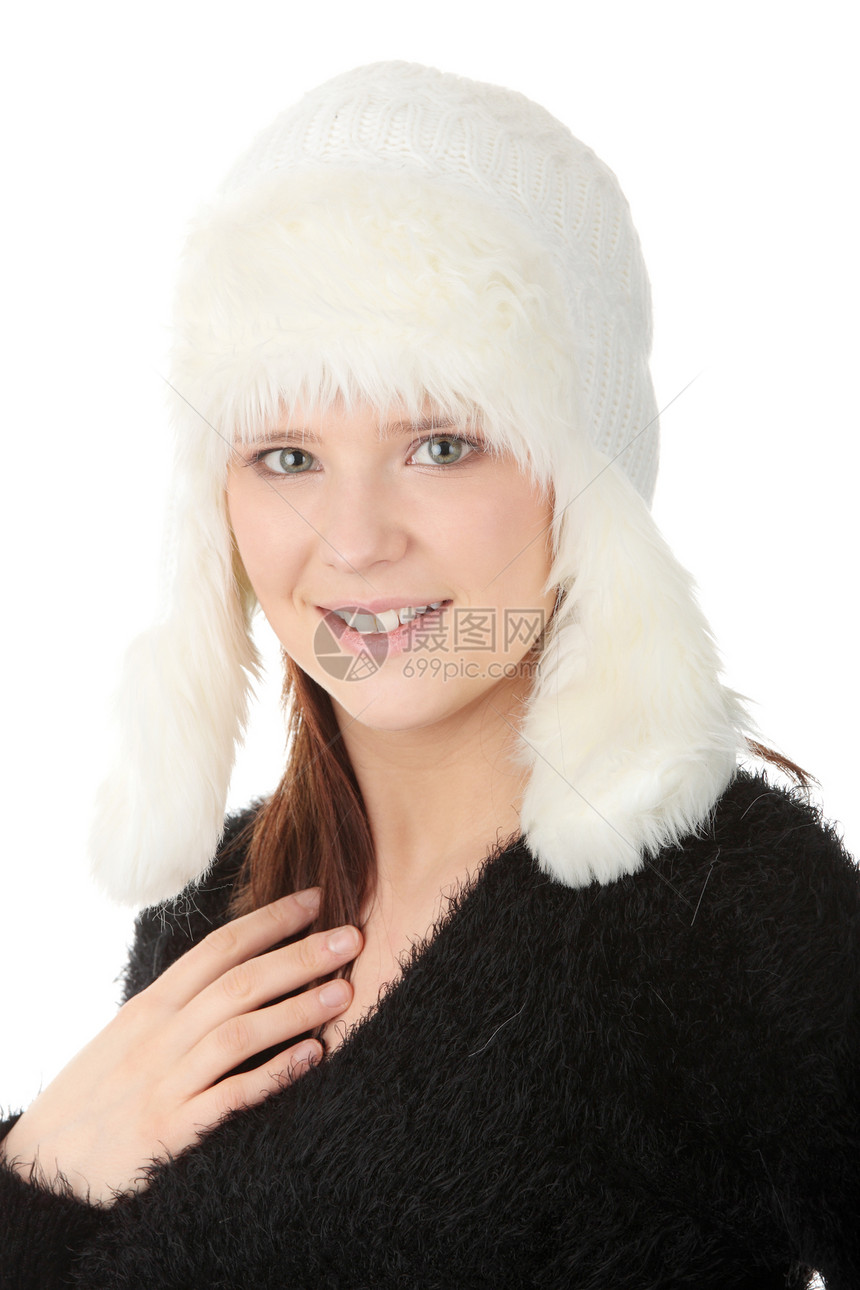 美丽的年轻女性肖像喜悦毛衣冻结青少年衣服帽子青年微笑季节女孩图片