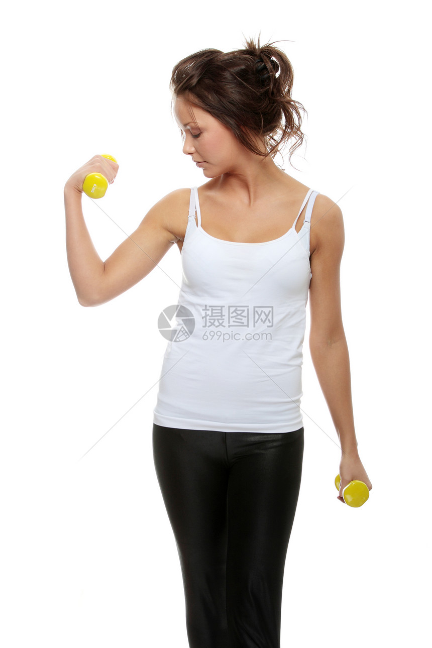 执行中力量健身训练娱乐闲暇哑铃活力有氧运动女性微笑图片