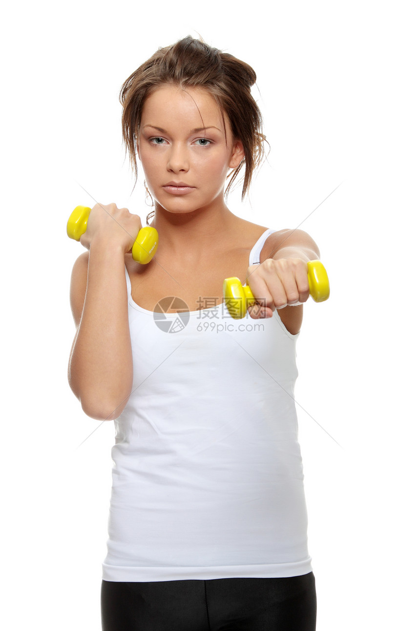 执行中女性重量有氧运动体操活力微笑钟声力量运动员训练图片