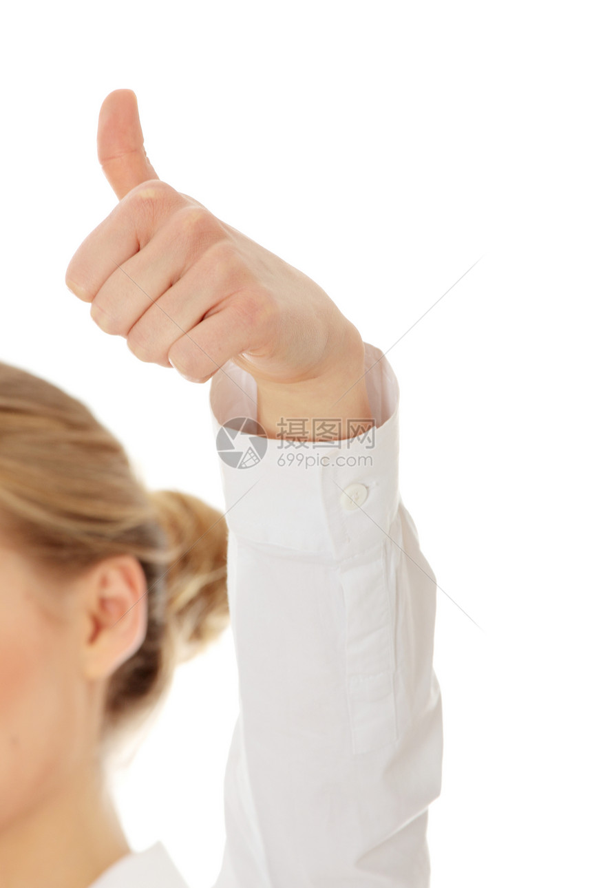 女商务人士露出大拇指青少年成人女性微笑管理人员白色女士金发拇指手势图片