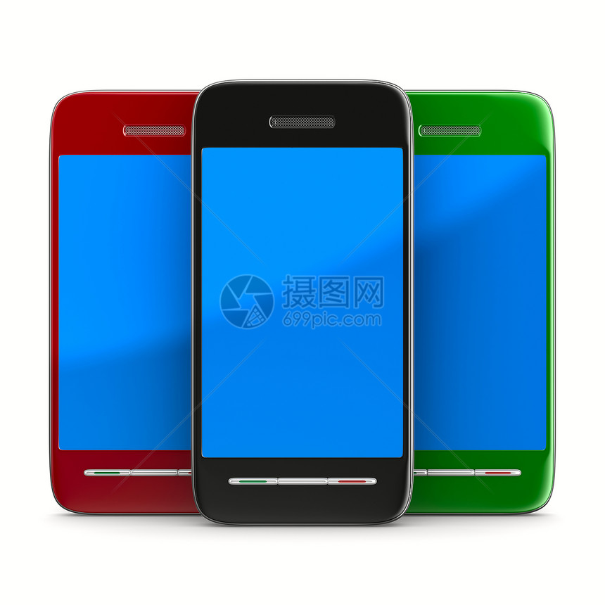 三部白色背景的三部手机 孤立的 3D 图像黑色上网移动红色讲话全球蓝色机动性通信技术图片