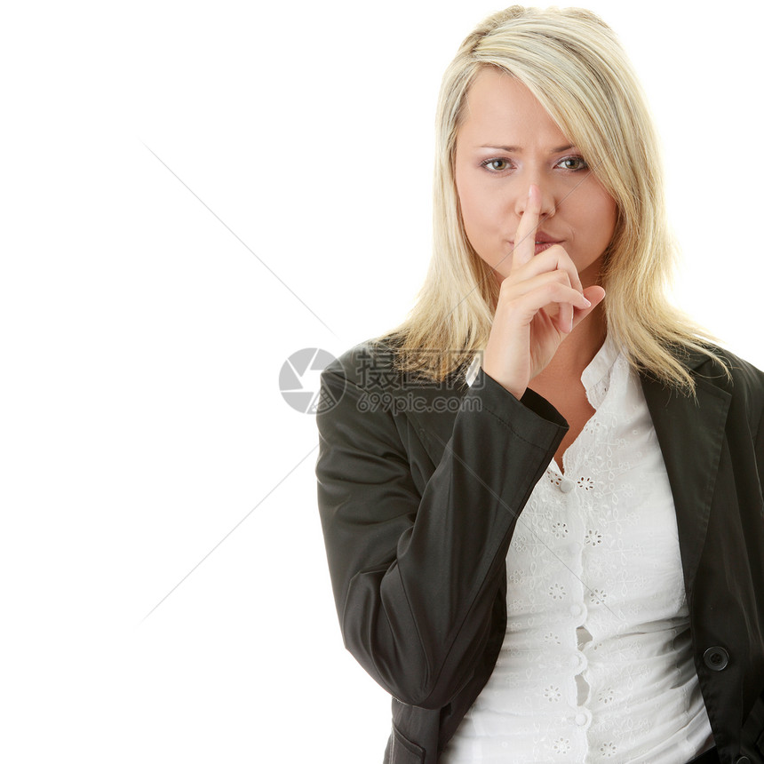 女商务人士用手指在嘴唇上商务金发女郎管理人员女性办公室女孩秘密工作室女士手势图片