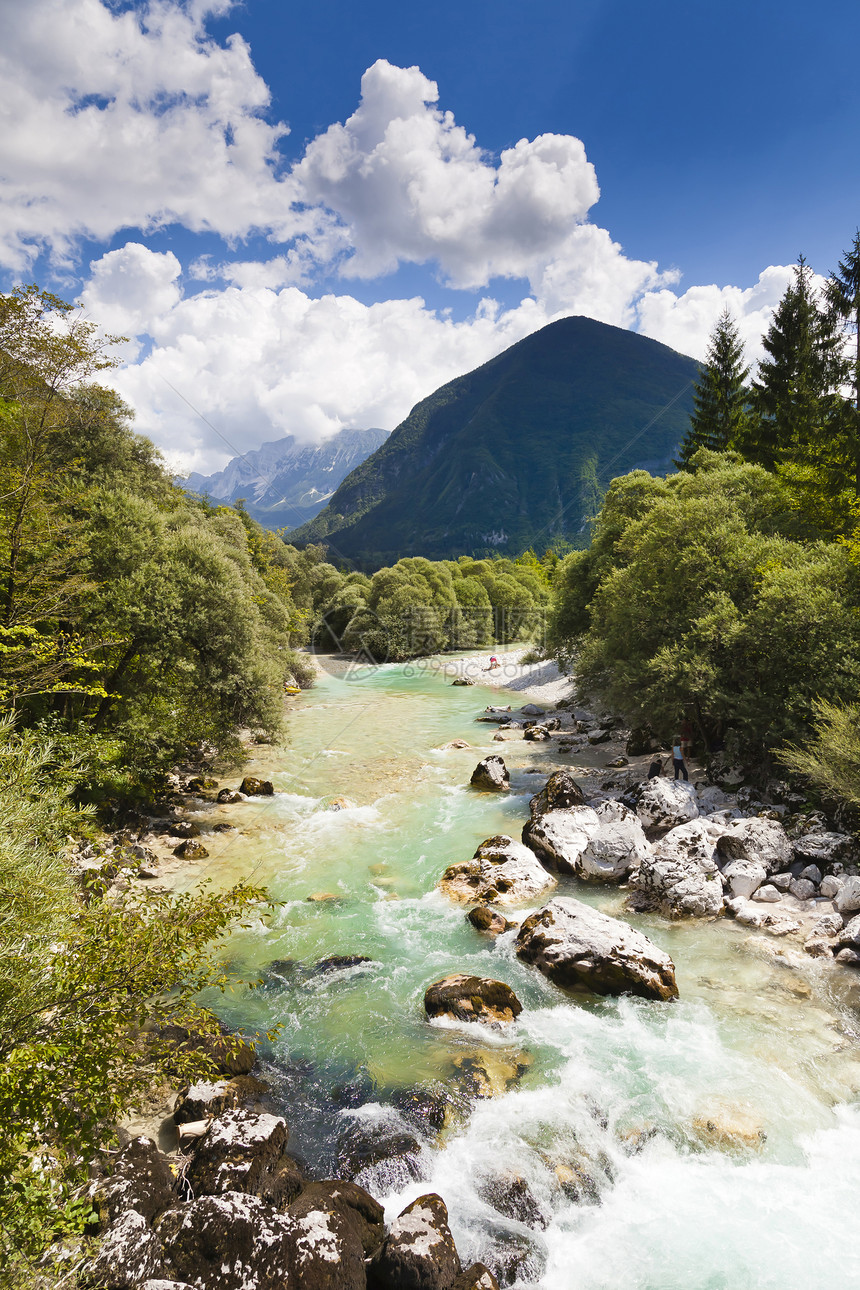 斯洛文尼亚的朱利安阿尔卑斯山索卡河天空绿色草地环境松树爬坡岩石顶峰森林石头图片