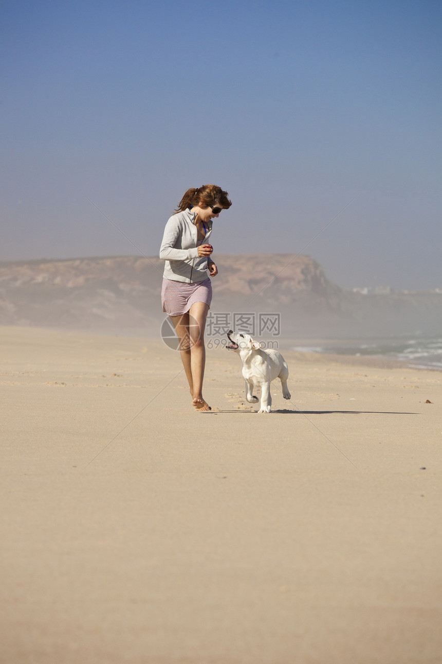 女孩带着可爱的狗喜悦动物闲暇宠物乐趣海洋小狗友谊朋友海滩图片