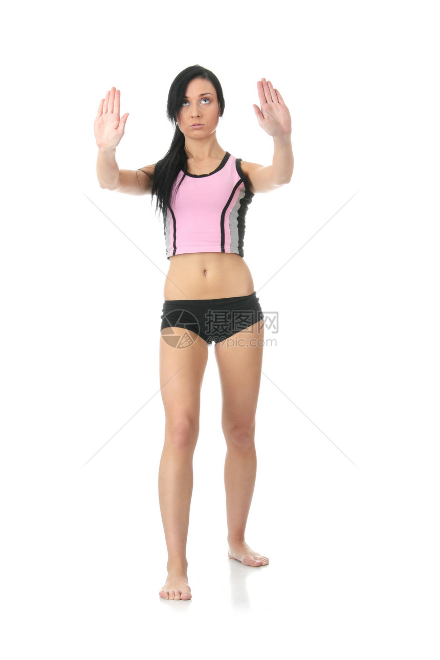 健身时间的年轻美容女子健身房女孩营养饮食组织活力数字女性腰部训练图片