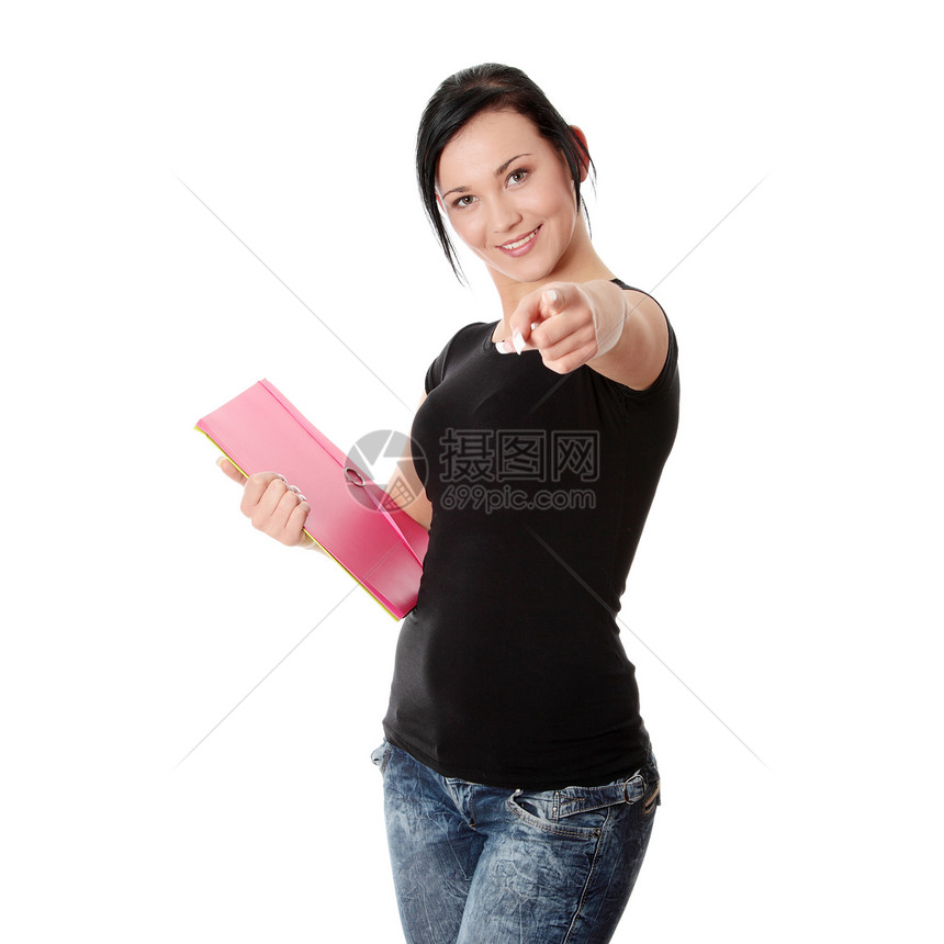 带笔记本的女学生女性笔记幸福女士快乐商务青少年黑发女孩老师图片