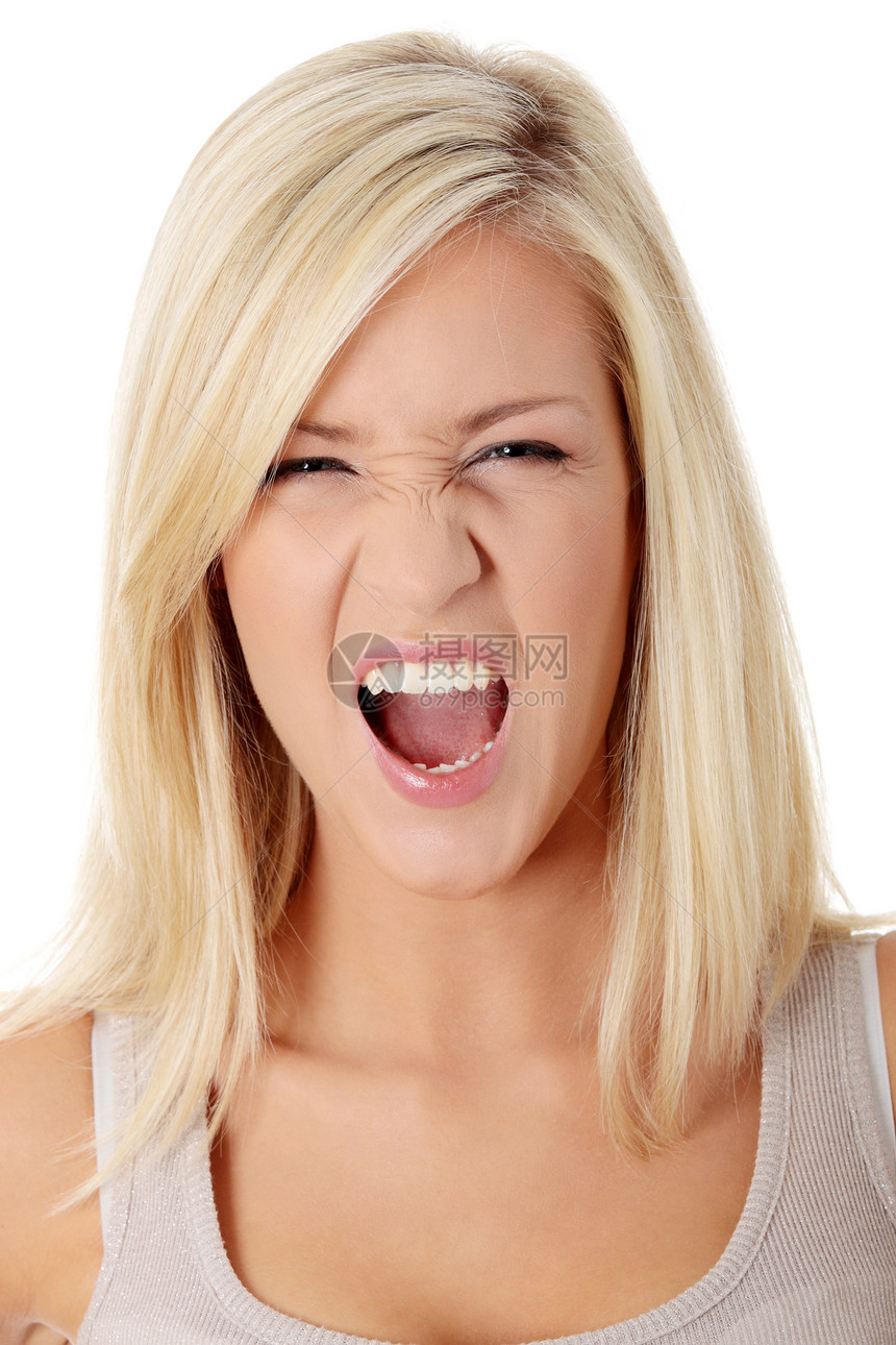 一个沮丧和愤怒的女人在叫喊眼睛女性女士尖叫青年惊喜女孩压力乐趣情感图片