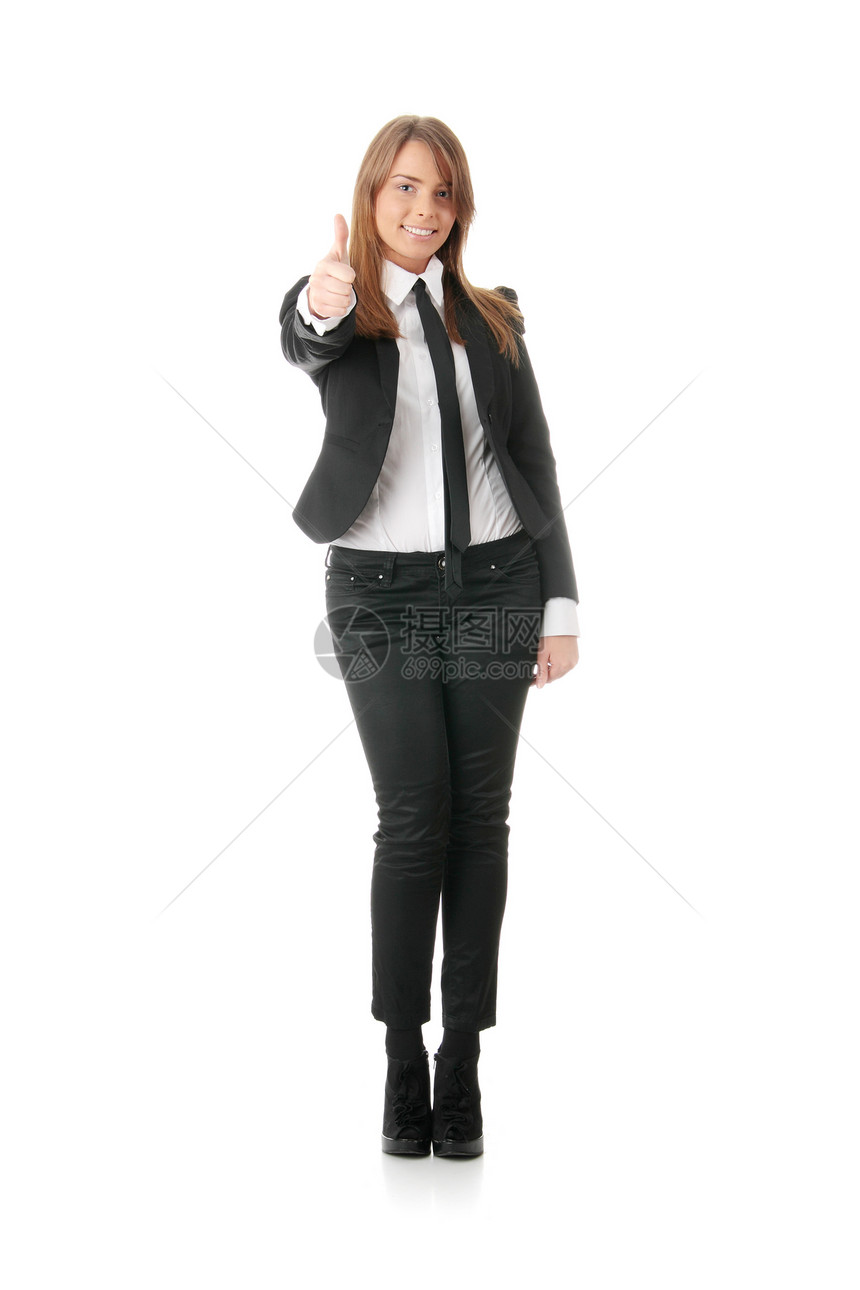 女商务人士举起手来快乐微笑女孩套装女士手指学生商业工作青年图片