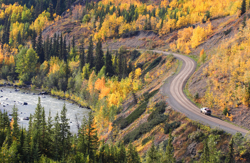 不列颠哥伦比亚省沿着山路沿山道的棕色秋叶树风景观光场景水平岩石丘陵树叶山脉灌木丛松树图片