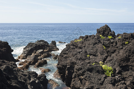 亚速尔群岛火山岩悬崖海岸火山黑色水平蓝色编队崎岖海景支撑背景