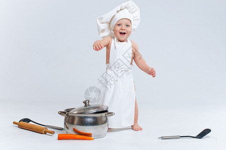小厨师钢包婴儿烹饪男生孩子们厨房食物饮食孩子微笑高清图片