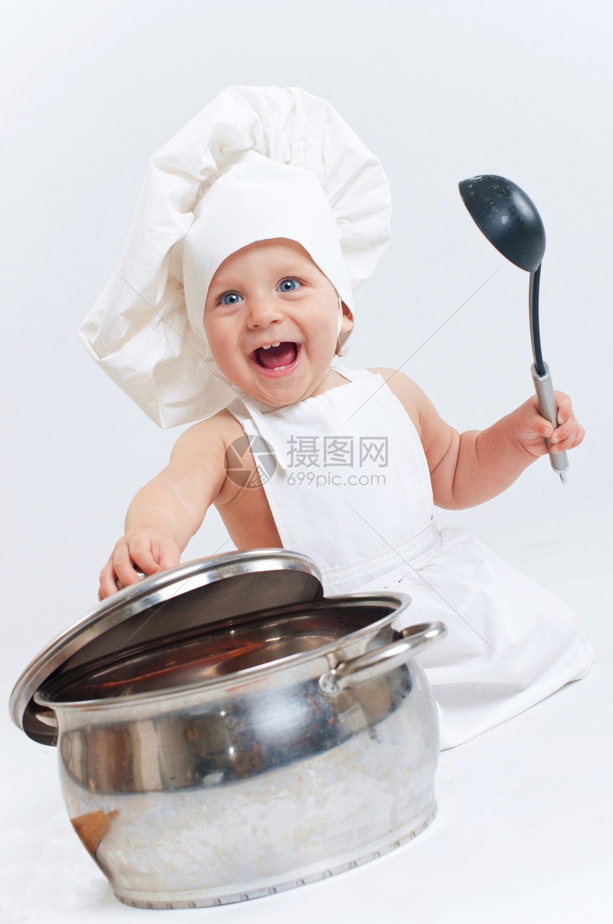 小厨师戏服童年钢包午餐男生微笑孩子们婴儿烹饪食物图片