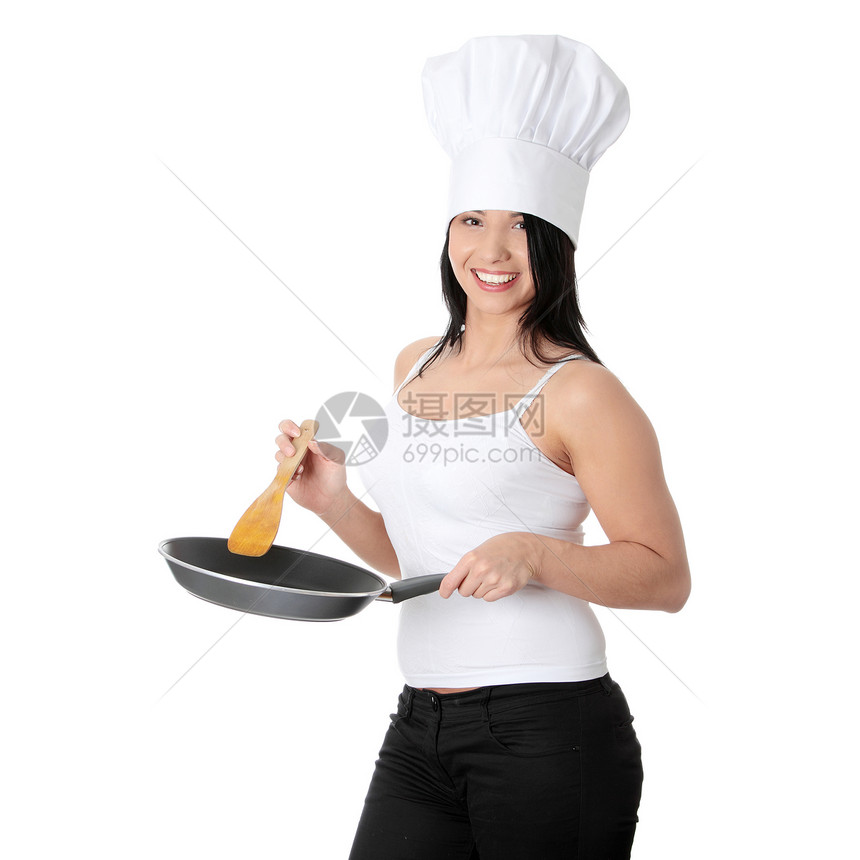 年轻妇女烹饪健康食品生活帽子女孩厨房牙齿妻子卫生食物饮食午餐图片