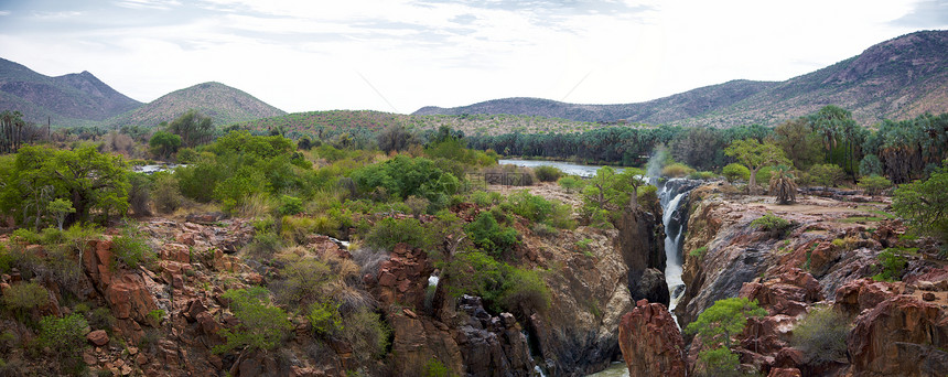 埃普帕瀑布地标漂流棕榈绿色岩石力量库涅环境荒野风景图片