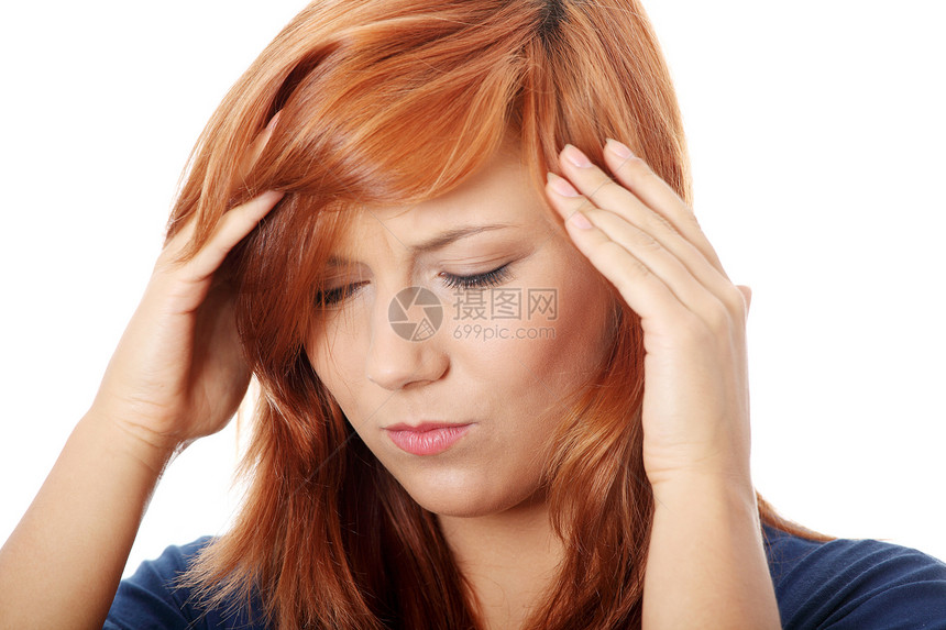 头头痛的妇女握着她的手顶着头部药品症状工作疾病保健青年伤害卫生病人成人图片