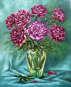 油画牡丹玻璃花瓶里的粪便叶子季节香气桌子植物花瓣油画花朵颜料花束背景