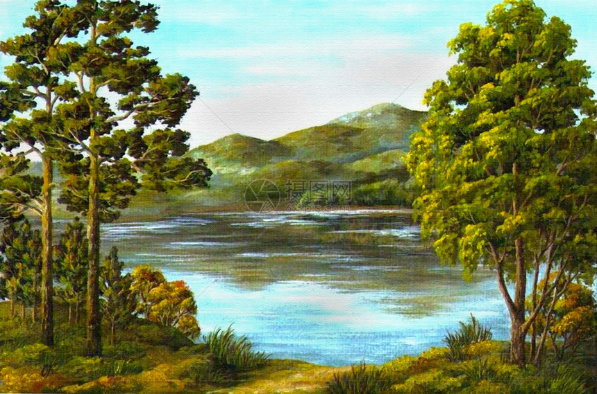 山区湖天气绘画颜料帆布荒野季节生态爬坡树木木头图片