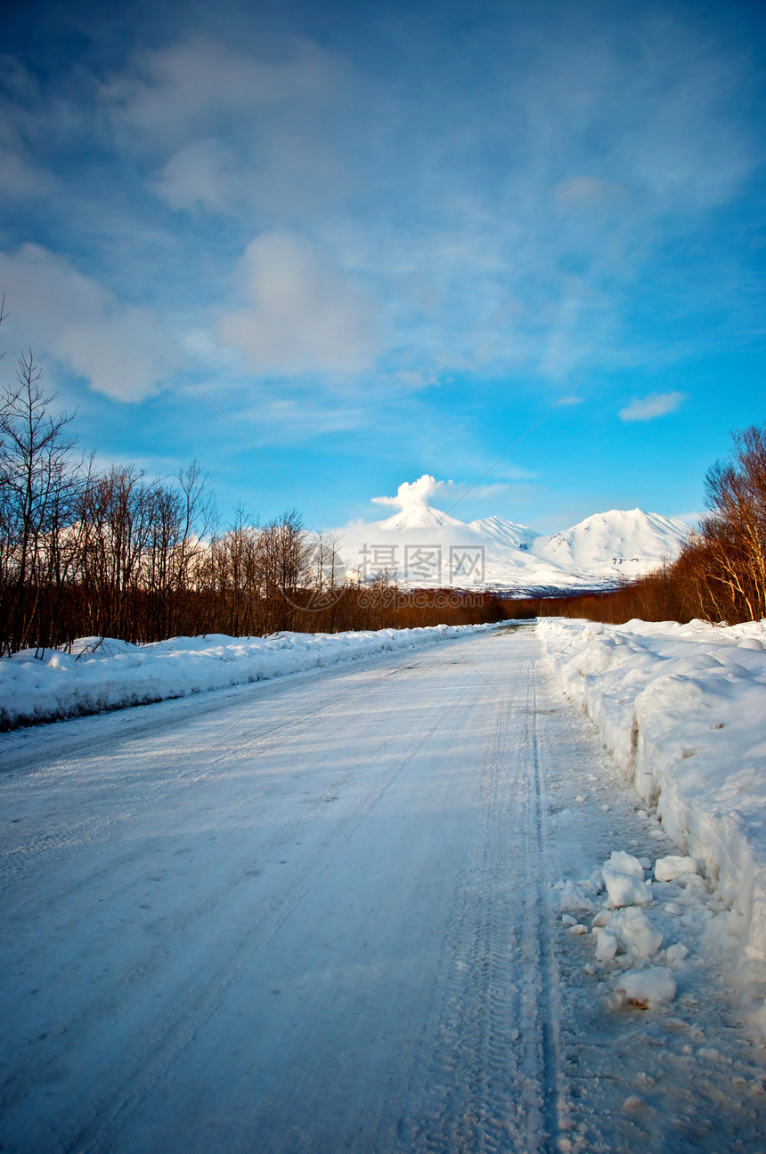 雪雪路树木一条路线蓝色风景降雪天堂火山旅行木头雪花图片