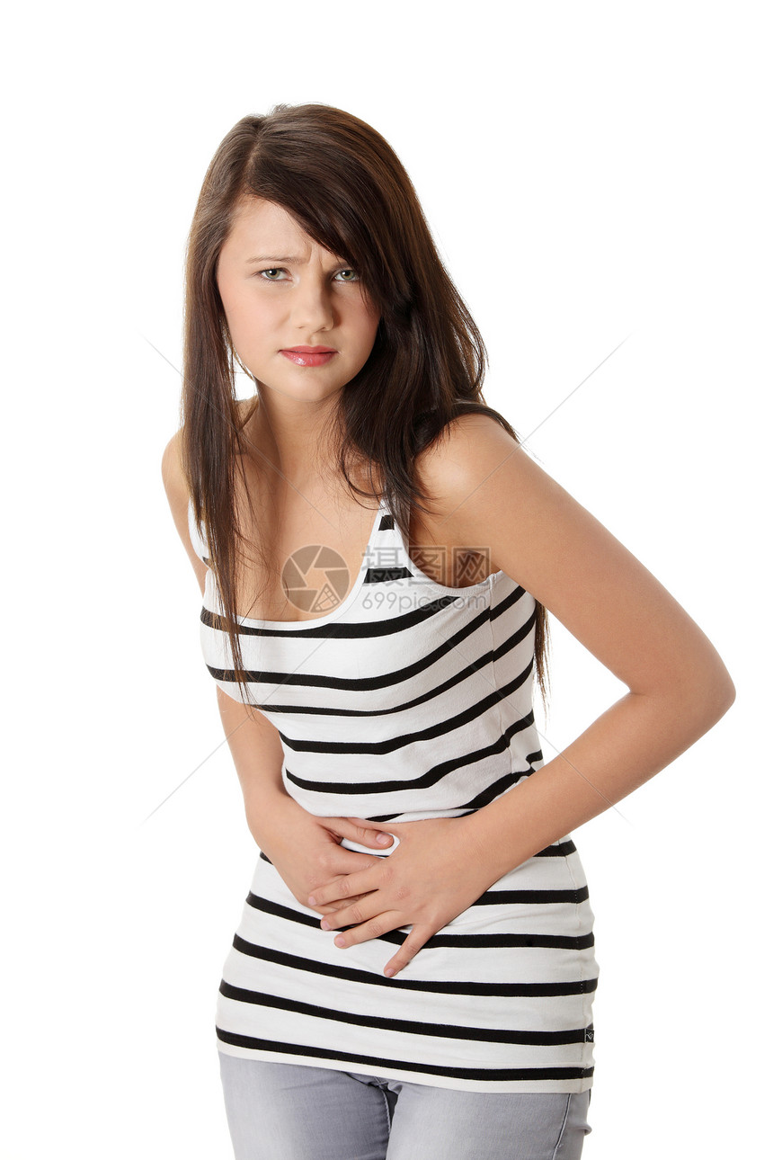 有胃病的年轻女性女孩头发疾病经期疼痛成人商业医疗腹痛药品图片