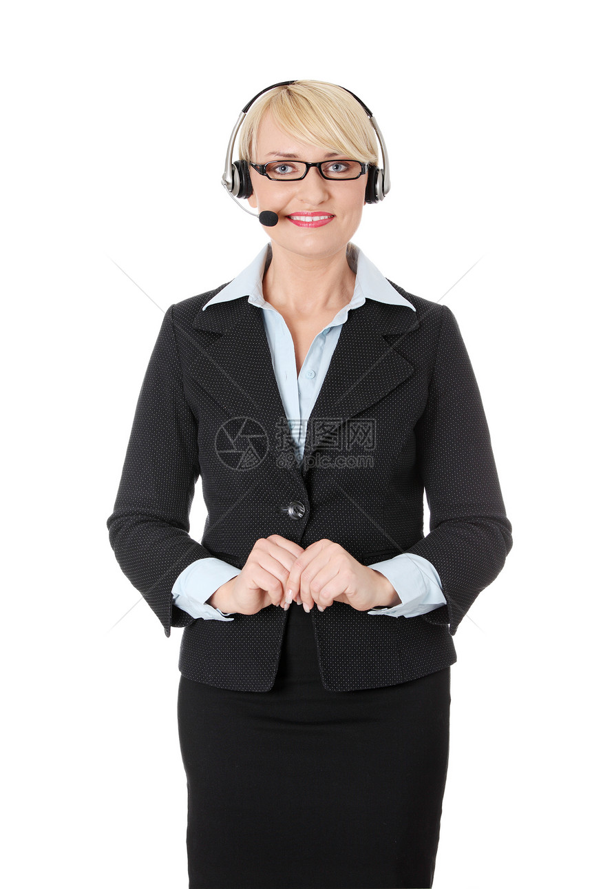 成熟呼叫中心工作快乐女士接待员麦克风推销眼镜电话技术女性图片