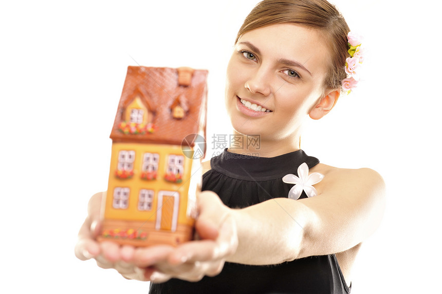 拥有房屋的年轻妇女投资住宅建筑学白色贷款商业抵押家园销售房子图片
