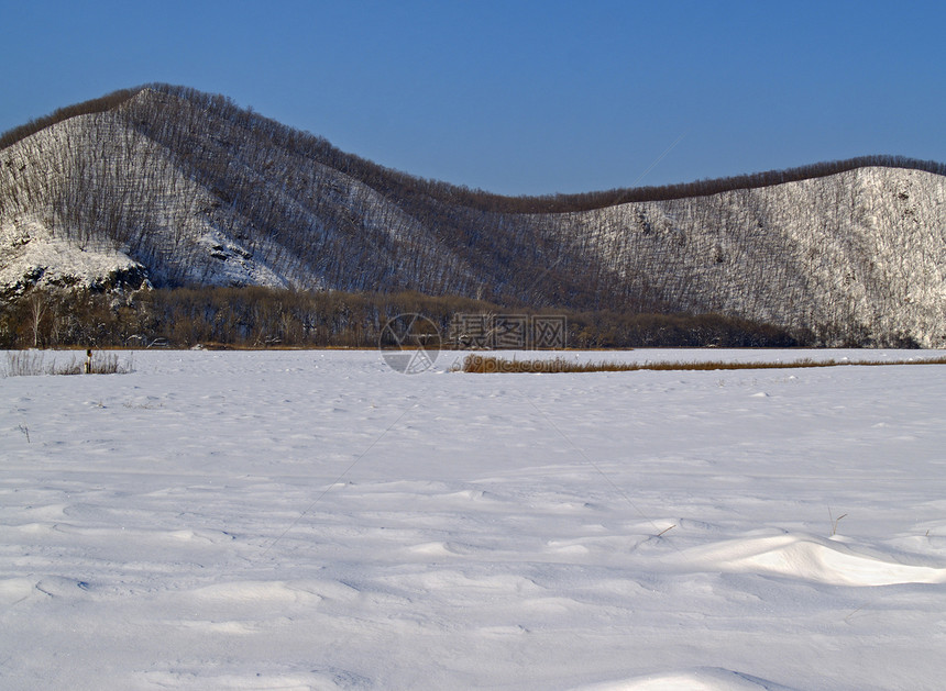 冬季风景雪堆草地白色蓝色场地天空木头阴影山坡图片