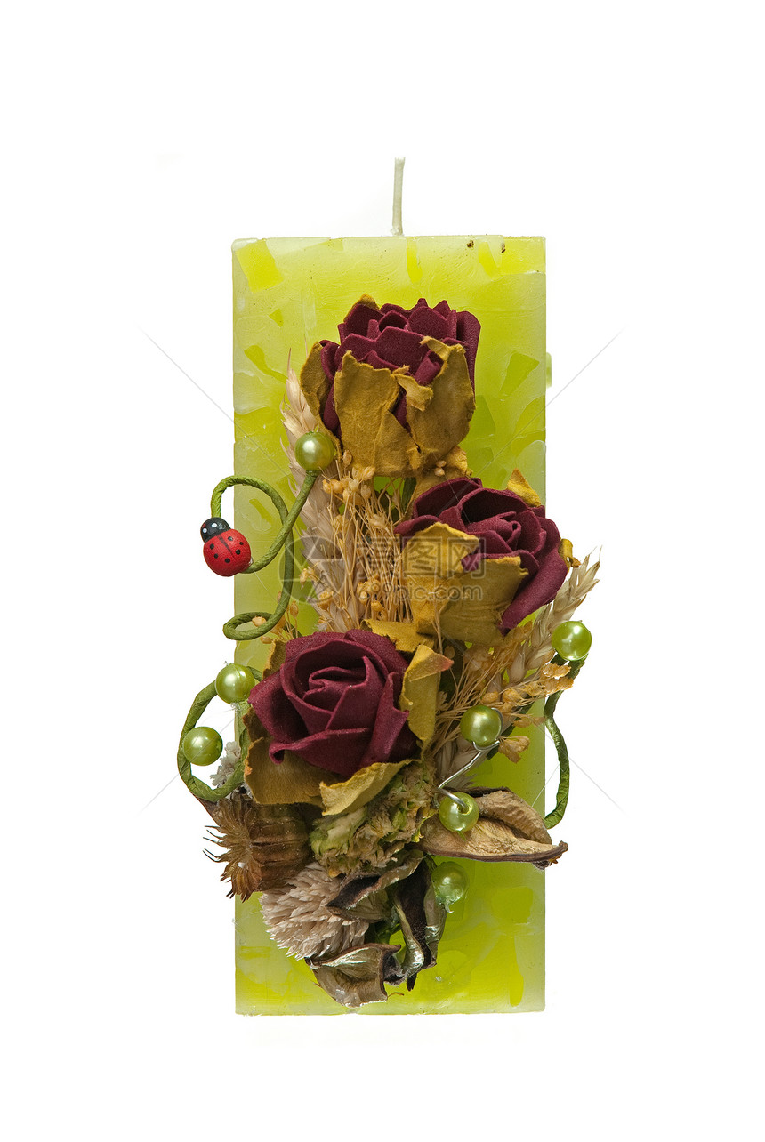 盛大的绿色蜡烛和花朵装饰褐色粉色棕色磁带礼物白色庆典展示芳香疗法图片