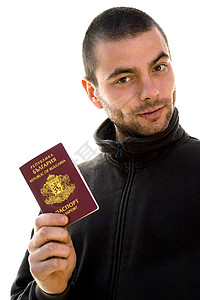 持有护照的青年男子展示男人男性旅行假期白色签证高清图片