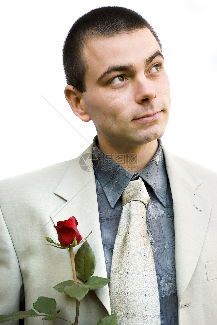 有玫瑰的浪漫男人白色套装手腕思维男性礼物商业灰色红色绅士图片