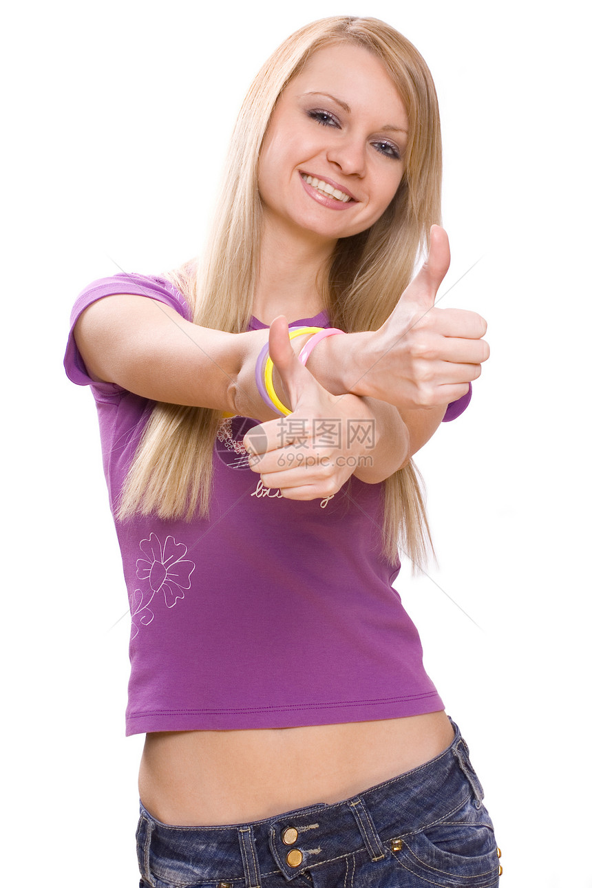 年轻女子衣服冒充成人女孩们紫色微笑快乐头发白色女性图片