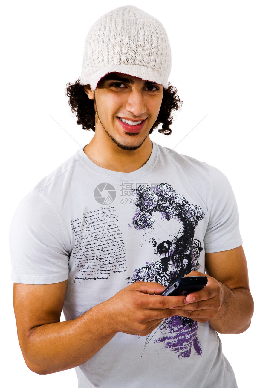 男人短信短讯的肖像电话衣服沟通乐趣幸福电讯讯息微笑青年机动性图片