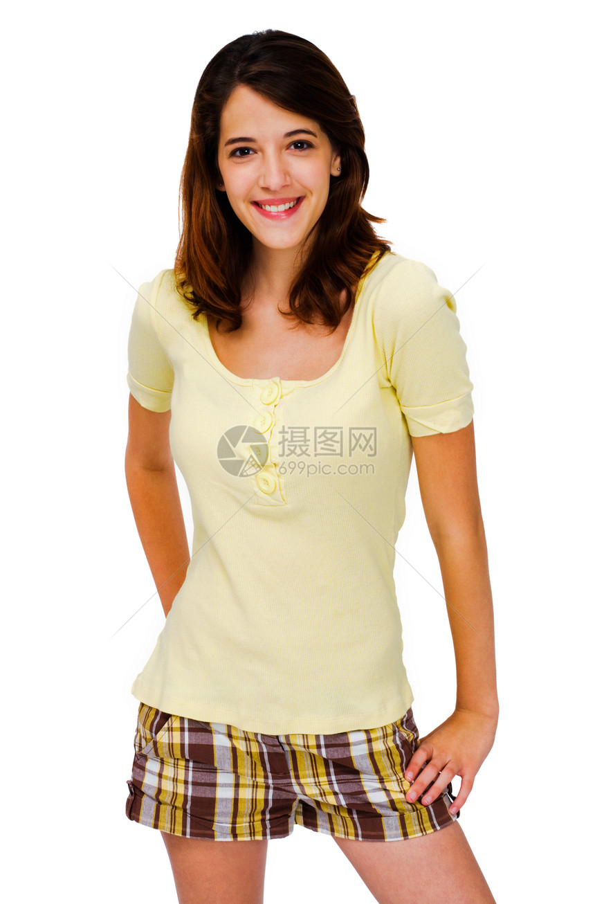 一名妇女装扮的近身衣物幸福微笑姿势白色女士短裤衣服图片