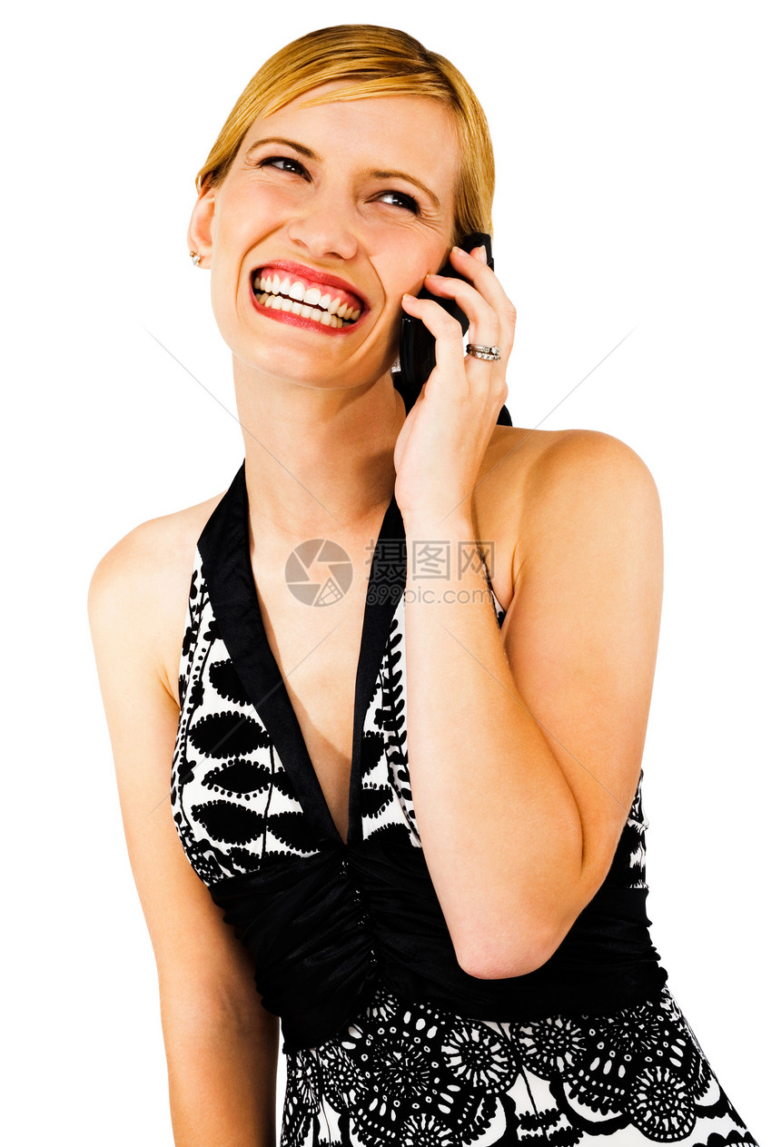 妇女用移动电话说话黑色姿势幸福白色沟通女士手机听力技术快乐图片