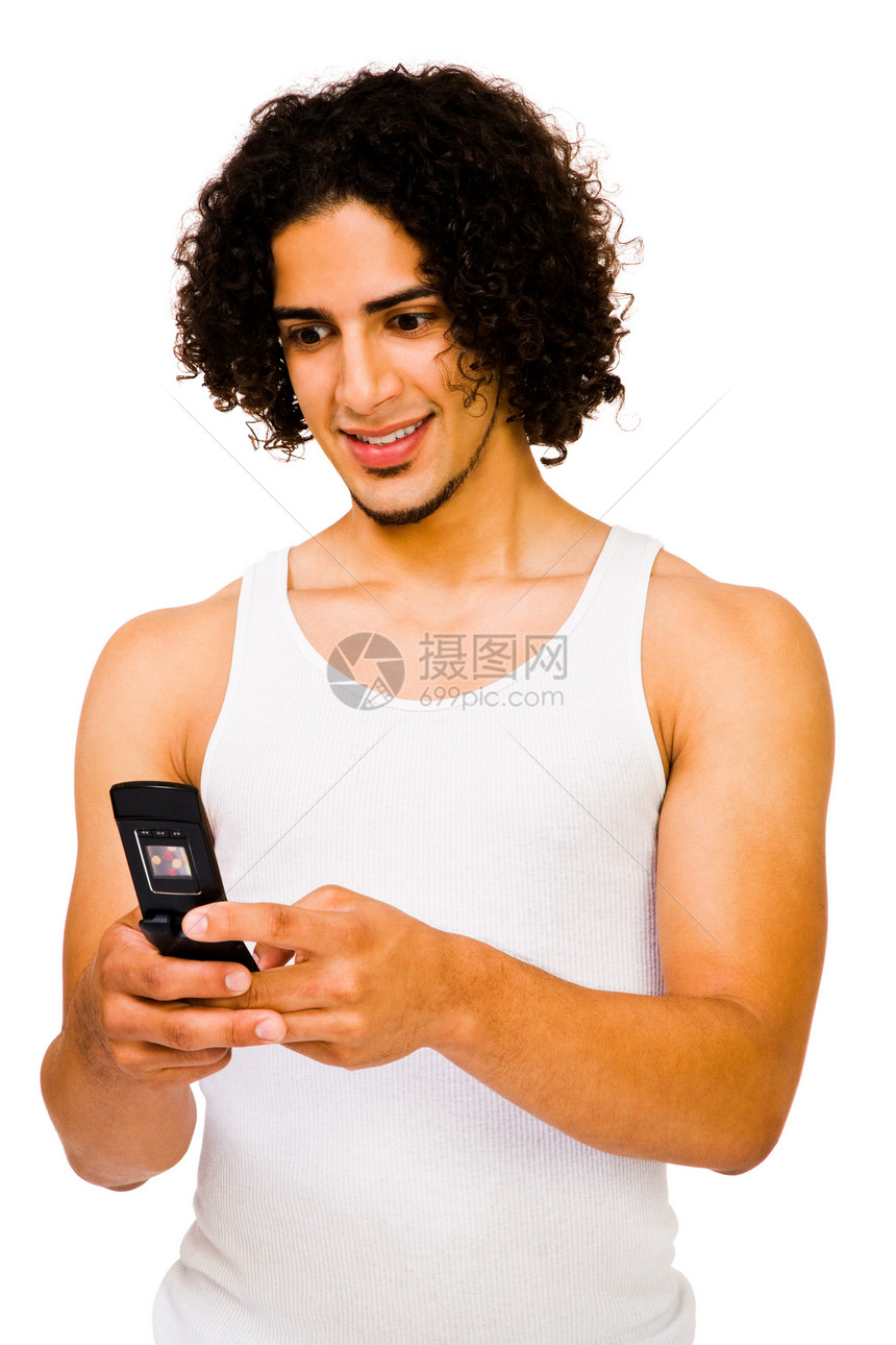 年轻人短信信息乐趣微笑手机背心电话白色幸福沟通发送发型图片