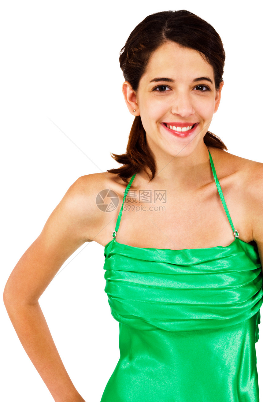 一位年轻女性微笑的肖像幸福白色女士衣服裙子姿势绿色图片