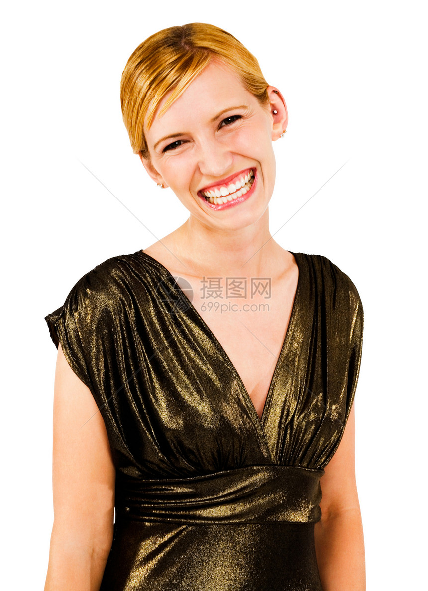 美丽的女人微笑的肖像快乐衣服幸福裙子姿势白色女士图片