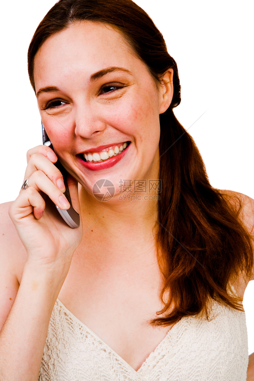 高加索妇女使用手机说话的情况微笑机动性美丽沟通技术电话听力幸福姿势乐趣图片