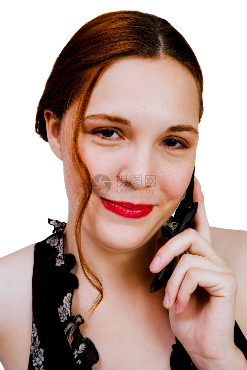 美丽的女人在手机上说话技术机动性美丽电话微笑嘴唇白色女士电讯听力图片