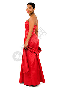 年轻微笑的女青年幸福白色裙子成人女性露肩女士红色姿势背景图片