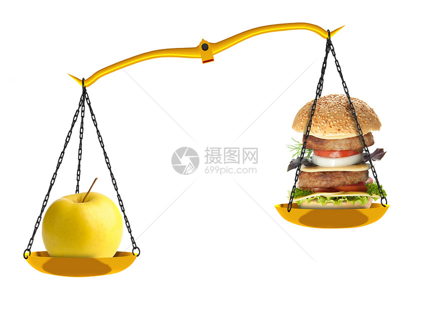 配苹果和汉堡包的天平水果营养美食健康饮食金子小吃饮食平衡静物工作室图片